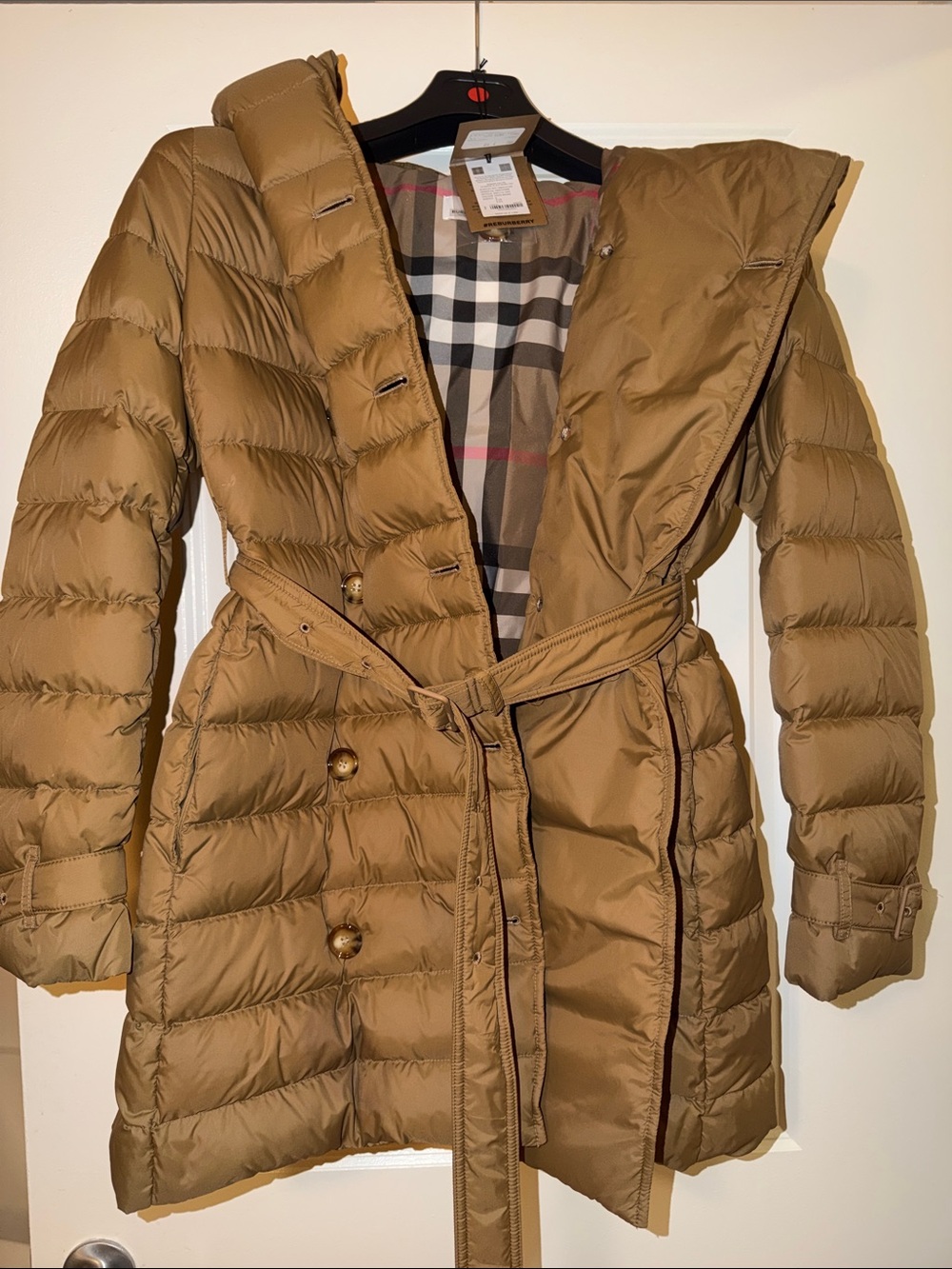 Burberry NWT Small Women's Quilted Belted Midi Puffer Coat w Hood - Tan